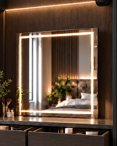 Riflesso lit mirror risen out of a dressing table